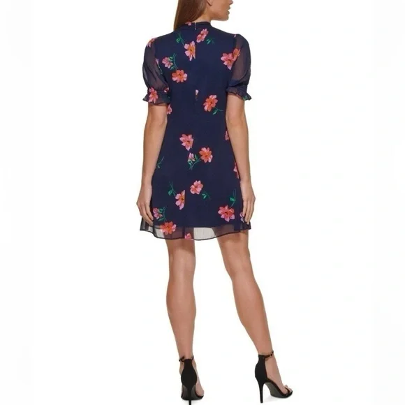 DKNY Dress Size 8 Navy Floral Chiffon Tie Neck Short Sleeve - Picture 2 of 12